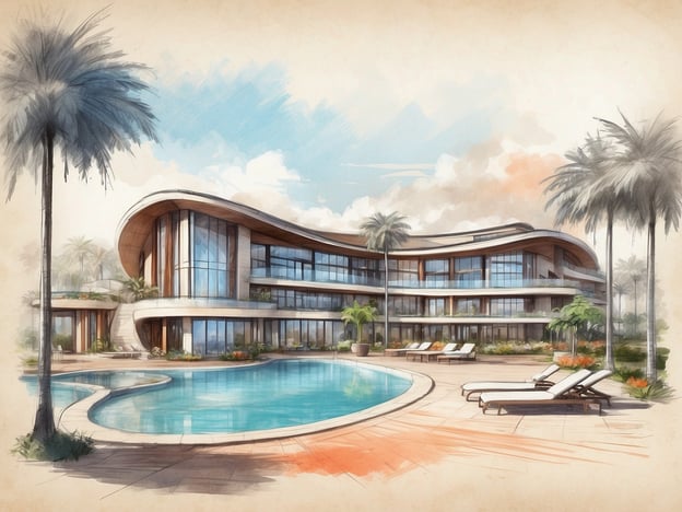 Auf dem Bild ist eine stilisierte Darstellung eines modernen Gebäudes zu sehen, das um einen Pool herum angelegt ist. Es wirkt luxuriös und hat große Fenster sowie eine große Terrasse mit Liegen. Der Bereich um den Pool ist mit Palmen und Gartenanlagen gestaltet, was eine entspannte Atmosphäre vermittelt.**Überblick über NH Hotels Collection Olomouc Congress:**Das NH Hotels Collection Olomouc Congress bietet modernen Komfort für Geschäfts- und Freizeitreisende. Es liegt in der Nähe des Zentrums von Olomouc und eignet sich ideal für Konferenzen und Veranstaltungen. Die Zimmer sind stilvoll eingerichtet und bieten eine Vielzahl von Annehmlichkeiten, darunter kostenfreies WLAN und elegante Bäder. Gäste können außerdem das hoteleigene Restaurant und Wellness-Angebote nutzen. Das Hotel kombiniert eine zentrale Lage mit hochwertigem Service und modernen Einrichtungen.