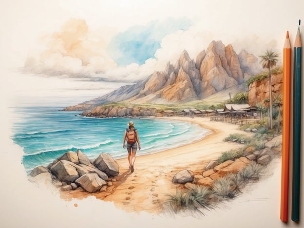 Auf dem Bild sieht man eine malerische Küstenlandschaft mit einem Wanderer, der entlang eines Sandstrands spaziert. Im Hintergrund erheben sich beeindruckende, zerklüftete Berge. Die klare, türkisfarbene See lädt zum Schwimmen und Schnorcheln ein.In der Umgebung könnten Aktivitäten wie Wandern auf den Bergen, Bootsfahrten entlang der Küste oder das Erkunden von kleinen Strandhütten stattfinden. Auch das Genießen von frischem Fisch und lokalen Spezialitäten in Strandrestaurants wäre möglich. Zudem bieten sich Momente zum Entspannen am Strand oder zum Surfen an, da die Wellen geeignet erscheinen.