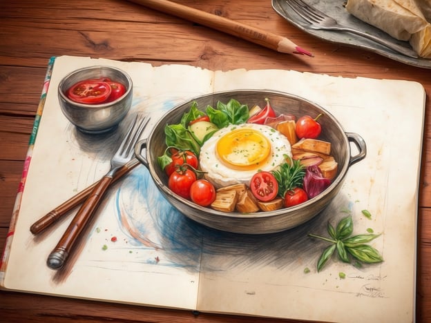 Auf dem Bild sieht man eine farbenfrohe, kunstvoll gestaltete Zeichnung eines kulinarischen Gerichtes, das in einer Schüssel präsentiert wird. Das Gericht enthält ein Spiegelei, frische Tomaten, Kräuter und möglicherweise einige gebratene Kartoffeln oder Gemüse. Daneben ist eine kleine Schüssel mit zusätzlichen Tomaten zu sehen.
In einem Hotel könnte ein solches Gericht Teil eines Frühstücksangebots sein, das Gästen eine geschmackvolle und ansprechende Auswahl bietet. Kulinarische Erlebnisse im Hotel werden oft durch frisch zubereitete Speisen und kreative Präsentationen bereichert, die den Gästen ein unvergessliches Geschmackserlebnis bieten.