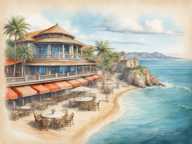 Auf dem Bild ist eine malerische Küstenlandschaft zu sehen, mit einem charmanten Gebäude, das wahrscheinlich ein Restaurant oder Café ist. Die Umgebung ist grün und palmengesäumt, was auf ein tropisches Klima hinweist.
In der Nähe könnten Sehenswürdigkeiten wie Strände, Küstenwanderwege oder Wassersportmöglichkeiten zu finden sein. Möglicherweise gibt es auch historische Stätten oder Märkte in der Umgebung, die für Touristen interessant sind. Die sanften Wellen des Meeres und die Umgebung laden zu entspannten Aktivitäten am Strand ein.