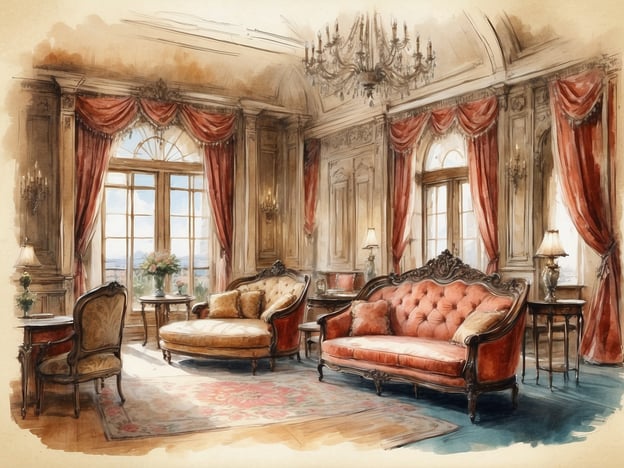 Auf dem Bild ist ein elegantes, historisches Wohnzimmer zu sehen, das mit opulenten Möbeln und dekorativen Elementen ausgestattet ist. Diese Art von Einrichtung erinnert an die luxuriöse Gestaltung vieler Hotels, darunter das NH Collection Plaza Santiago, das bekannt ist für seinen erstklassigen Komfort und seine stilvolle Atmosphäre.
Das NH Collection Plaza Santiago zeichnet sich durch seine exquisite Interieurgestaltung aus, die oft Elemente klassischer Architektur und modernen Komforts kombiniert. Die Kombination von warmen Farben, hochwertigen Stoffen und stilvollen Lampen schafft eine einladende und komfortable Umgebung, die sowohl für Geschäftsreisende als auch für Urlauber ansprechend ist.
Das Gemälde könnte symbolisch für die Eleganz dieser Hotelkette stehen und die Tradition von Gastfreundschaft und Luxus, die die Marke verkörpert.