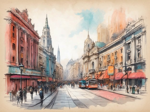 Das Bild zeigt eine lebhafte Straßenszene mit historischen Gebäuden, Straßenbahn und vielen Fußgängern. Die Architektur deutet auf eine städtische Umgebung hin, möglicherweise in einem historischen Teil einer Stadt.
In Bezug auf Santiago de Chile befindet sich das Hotel wahrscheinlich im Zentrum, wo viele solcher architektonischen Merkmale und Straßenbahnen zu finden sind. Dieser Teil der Stadt ist bekannt für seine kulturellen Sehenswürdigkeiten und das geschäftige Treiben der Menschen.