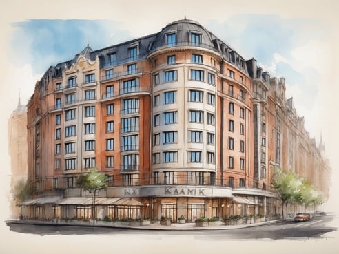 Darstellung des NYX Hotels Hamburg von Leonardo Hotels, ein ansprechendes Gebäude mit einer eleganten Fassade aus roten und beigen Ziegeln, die große Fenster im modernen Stil aufweisen. Das Hotel hat eine charakteristische Rundung an einer Ecke und ist umgeben von begrünten Bereichen. Auf der unteren Ebene sind Sitzmöglichkeiten im Freien sichtbar, darunter eine Markise, die eine einladende Atmosphäre schafft. Im Hintergrund sind unscharf weitere städtische Gebäude zu sehen, die das urbane Umfeld ergänzen.