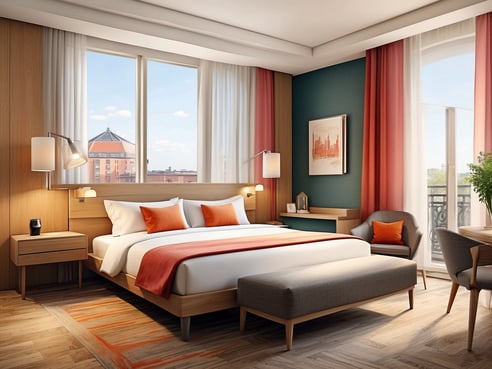 Ein modernes Hotelzimmer im Leonardo Hotel Hannover, das eine komfortable Atmosphäre ausstrahlt. Das Zimmer verfügt über ein großes, einladendes Bett mit hellen Kissen und einer bunten Bettdecke. An der Wand befinden sich sanfte Holzverkleidungen, und die Fenster lassen viel Tageslicht herein. Vor den Fenstern hängen helle Vorhänge in kräftigen Farben. Neben dem Bett steht ein Nachttisch mit einer Lampe und einer kleinen Kaffeemaschine. In der Ecke befindet sich ein gemütlicher Sessel, der mit einem Kissen in passenden Farben dekoriert ist. Ein kleiner Tisch ergänzt die Einrichtung. An der Wand hängt ein dekoratives Bild, das eine urbane Szene zeigt. Der Boden ist mit einem warmen Holzboden und einem Teppich in harmonischen Farben ausgestattet.