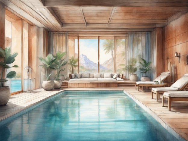 Auf dem Bild ist ein luxuriöser Innenraum mit einem Pool zu sehen, umgeben von großen Fenstern, die viel Licht hereinlassen. Der Raum ist mit Pflanzen dekoriert und verfügt über gemütliche Liegen sowie eine Lounge-Ecke zum Entspannen.Im NH Hotels Collection Prague Carlo IV können Sie ähnliche Entspannungsmöglichkeiten genießen. Dazu gehören:- Ein modernes Wellnesscenter mit einem Pool, der eine entspannende Atmosphäre schafft.- Verschiedene Saunen und Dampfbäder für die perfekte Erholung.- Massage- und Beauty-Anwendungen zur Verbesserung Ihres Wohlbefindens.- Ruhige Rückzugsorte für die Entspannung nach einem langen Tag in der Stadt.Diese Einrichtungen bieten eine ideale Umgebung, um Körper und Geist zu regenerieren.