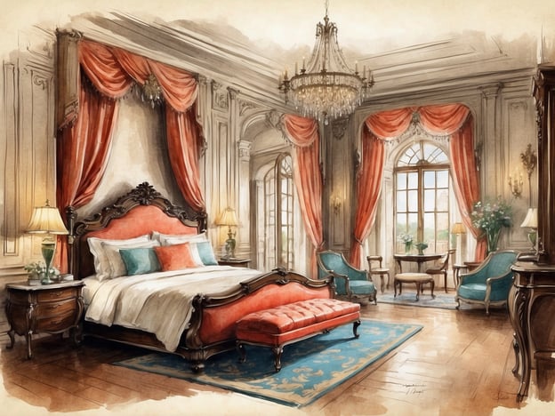 Auf dem Bild ist ein elegantes Schlafzimmer zu sehen, das mit opulenten Materialien und Farben gestaltet ist. Der Raum strahlt einen luxuriösen und klassischen Stil aus, mit einem großen Bett, dekorativen Vorhängen, einem Kristalllüster und stilvollen Möbeln.
Die Geschichte des NH Hotels Collection Roma Centro könnte hier gut präsentiert werden, da das Hotel für seine exquisite Innenarchitektur und seinen hohen Komfort bekannt ist. Ähnlich wie im abgebildeten Raum bietet das Hotel eine elegante Atmosphäre, die sowohl traditionelle als auch moderne Elemente vereint. Gäste können sich auf einen stilvollen Rückzugsort freuen, in dem sie sich entspannen und das historische Ambiente Roms genießen können.