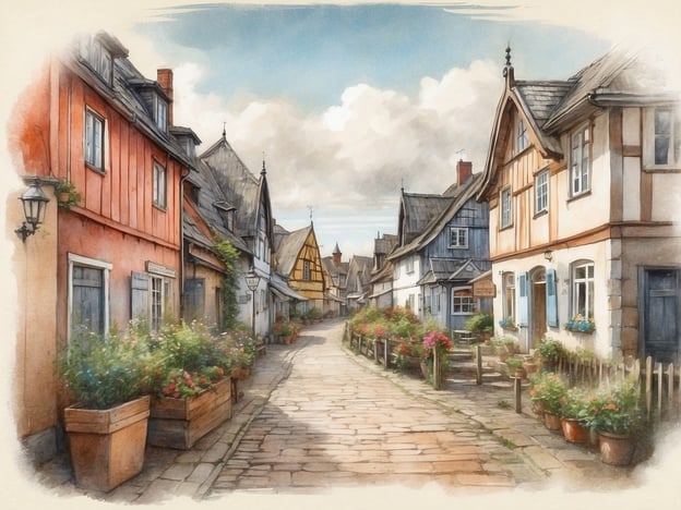 Eine malerische Gasse in Keitum mit historischen Fachwerkhäusern, die in verschiedenen Farbtönen gestrichen sind. Der Boden ist aus alten Steinen gelegt und die Straße schlängelt sich zwischen den Gebäuden hindurch. Auf beiden Seiten der Gasse stehen blühende Blumen in großen Holzkästen und Töpfen, die eine lebendige Atmosphäre schaffen. Der Himmel ist hell und bewölkt, was dem Bild eine sanfte Lichtstimmung verleiht.