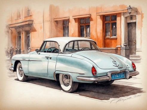 Ein klassischer, hellblauer Oldtimer steht vor einer historischen Fassade mit orangefarbenem Putz. Das Fahrzeug ist aus einer seitlichen Perspektive zu sehen und zeigt elegante Kurven sowie weiße Reifen. Im Hintergrund sind schemenhaft Menschen in vintage Kleidung zu erkennen, die die Szene beleben. Die Fenster der Gebäude sind mit klassischen Rahmen ausgestattet, und eine Straßenlaterne sorgt für nostalgisches Flair.