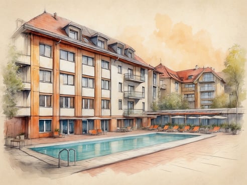 Das Bild zeigt den Außenbereich des Leonardo Hotels Karlsruhe mit einem klaren Schwimmbecken im Vordergrund. Neben dem Pool sind mehrere Liegen mit orangefarbenen Auflagen aufgestellt. Im Hintergrund befindet sich ein mehrstöckiges Gebäude mit großen Fenstern und einem modernen Design. Die Fassade des Hotels hat eine helle Farbgestaltung mit orangefarbenen Akzenten. Um das Gebäude herum sind einige Bäume und Pflanzen zu sehen, die dem Bereich eine grüne Note verleihen. Der Himmel ist in sanften Farben gehalten, was dem Bild eine einladende Atmosphäre verleiht.