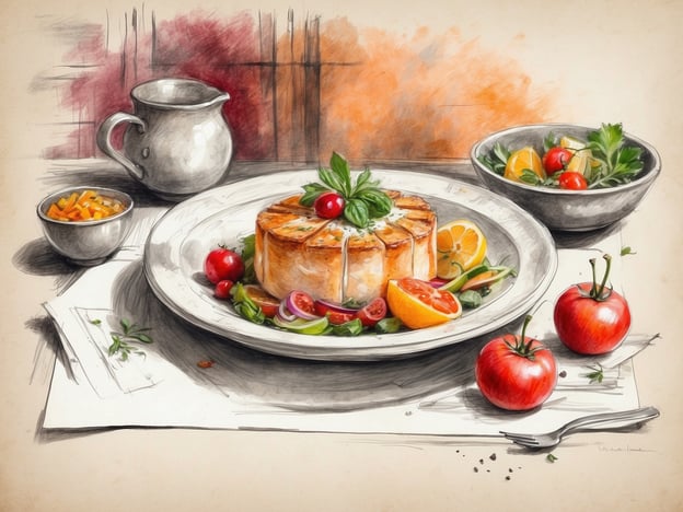 Auf dem Bild ist ein kunstvoll angerichtetes Gericht zu sehen, das eine kulinarische Delikatesse darstellt. Im Mittelpunkt steht ein runder Kuchen oder eine Vorspeise, dekoriert mit frischen Kräutern und buntem Gemüse. Um das Hauptgericht herum liegen verschiedene Zutaten, darunter cherrytomaten, citrusfrüchte und eine Auswahl an frischen Kräutern, die dem Gericht eine lebendige Farbe und Frische verleihen.Zusätzlich gibt es einen kleinen Behälter mit einer köstlichen Beilage sowie eine Schüssel mit einem grünen Salat, der das gastronomische Erlebnis komplettiert. Die Verwendung von hochwertigen Zutaten und die ansprechende Präsentation deuten auf ein besonderes kulinarisches Erlebnis hin, das sowohl Auge als auch Gaumen anspricht.
