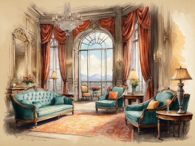 Auf dem Bild ist ein elegantes Interieur zu sehen, das eine stilvolle Sitzecke mit einem großen Fenster und einem schönen Ausblick zeigt. Die Möbel sind klassisch mit einem modernen Touch, darunter eine sanfte türkisfarbene Couch und Sessel sowie dekorative Lampen und Teppiche.
Im Zusammenhang mit der NH Hotels Collection Roma Palazzo Cinquecento bietet das Hotel eine luxuriöse und historische Atmosphäre. Es liegt in der Nähe bedeutender Sehenswürdigkeiten in Rom und kombiniert elegantes Design mit modernem Komfort. Das Hotel verfügt über stilvolle Zimmer, ein Restaurant und verschiedene Annehmlichkeiten, die optimalen Komfort für Reisende bieten.