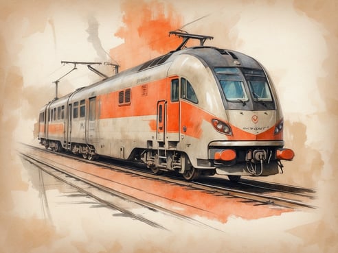 Ein moderner Zug mit einer silbernen und orangefarbenen Farbe fährt auf einem Schienennetz. Die Umgebung ist in sanften, erdigen Tönen gehalten, die dem Bild eine künstlerische Note verleihen. Der Zug ist in einer dynamischen Position dargestellt, als ob er sich in Bewegung befindet. Im Hintergrund sind elektrische Oberleitungen sichtbar, die die typische Eisenbahninfrastruktur signalisieren.