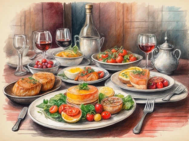Auf dem Bild sind verschiedene kulinarische Erlebnisse zu sehen, die eine ansprechende Tischdekoration bilden. Es gibt mehrere Teller mit appetitlichen Speisen, darunter eine Quiche oder ein ähnliches Gericht, garniert mit frischen Kräutern und farbenfrohem Gemüse wie Tomaten und Blattgemüse. Außerdem sind kleine Schüsseln mit verschiedenen Dips oder Beilagen zu erkennen.
Die Tischdekoration wird ergänzt durch Weingläser mit rotem Wein und zusätzliche Obstschalen, die Trauben und andere frische Früchte enthalten. Die ganze Szenerie strahlt eine einladende Atmosphäre aus, die zu einem geselligen Essen einlädt. Der Tisch ist reich gedeckt und vermittelt ein Gefühl von Genuss und Geselligkeit.