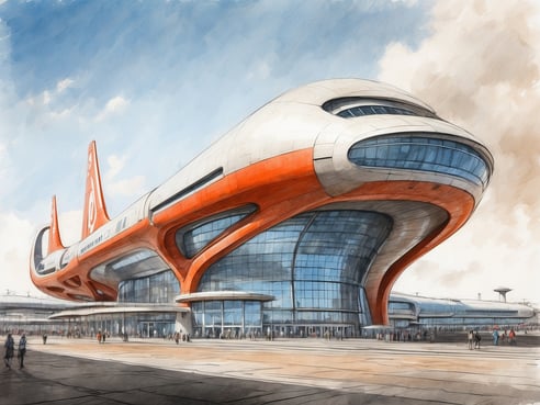 Das Bild zeigt ein modernes, futuristisch anmutendes Gebäude mit einer markanten Architektur, das stark verglast ist und orangefarbene Akzente aufweist. Vor dem Gebäude sind mehrere Personen zu sehen, die sich auf dem Platz bewegen, während der Himmel blau und teilweise bewölkt ist. Das Design des Gebäudes erinnert an ein modernes Terminal oder einen Flughafen, passend zur Umgebung des Leonardo Royal Hotel Cologne Bonn Airport.
