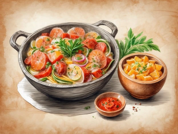 Auf dem Bild sind verschiedene gastronomische Highlights zu sehen. Im Mittelpunkt steht ein großer Topf mit einer bunten Mischung aus Gemüsen, darunter Tomaten, Frühlingszwiebeln und wahrscheinlich auch einige Meeresfrüchte, die auf einer Nudelbasis serviert werden. Um das Gericht herum sind frische Kräuter platziert, die das Ganze dekorieren.
Neben dem Topf gibt es eine Schale mit kleinen stückchen, die wahrscheinlich eine Beilage darstellen. Dazu gibt es eine kleine Schüssel mit einer roten Sauce, die möglicherweise scharf ist oder als Dipp dient. Insgesamt vermittelt das Bild einen einladenden und appetitlichen Eindruck von einem köstlichen Essen.