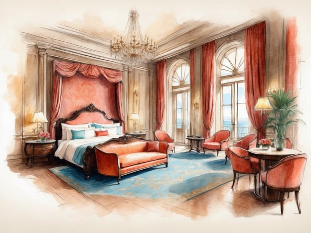 Auf dem Bild ist eine stilvolle und elegante Hotelzimmer-Interieur-Illustration zu sehen. Das Zimmer ist mit opulenten Möbeln ausgestattet, darunter ein großes Bett mit bunten Kissen und einem luxuriösen Sofa. Die Wände sind mit kräftigen Vorhängen und elegantem Dekor geschmückt, während große Fenster Tageslicht hereinlassen. Ein schöner Teppich und ein paar Pflanzen runden das Bild ab und schaffen eine einladende Atmosphäre.Die NH Hotels Collection ist bekannt für ihre hochwertigen Unterkünfte, die sowohl Komfort als auch Stil bieten. Die Gestaltung dieser Zimmer spiegelt oft lokale Einflüsse wider, was Gästen ein Gefühl von Heimat und Luxus verleiht. In der NH Hotels Collection werden immer wieder kreative Ansätze verfolgt, um ein einzigartiges Erlebnis zu gewährleisten, ähnlich dem, was in dieser Illustration dargestellt wird.