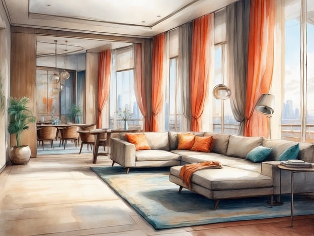 Auf dem Bild ist ein stilvolles Interieur eines luxuriösen Wohnraums zu sehen. Der Raum ist hell und modern gestaltet, mit großen Fenstern, die viel Tageslicht hereinlassen. Die Wände sind mit eleganten Vorhängen in warmen Farben dekoriert, die eine gemütliche Atmosphäre schaffen. Es gibt ein komfortables Sofa mit farbigen Kissen, einen kleinen Beistelltisch und einen Teppich, der den Raum harmonisch abrundet.In der angrenzenden Essbereich erkennt man einen eleganten Tisch mit Stühlen, umgeben von Pflanzen, die Frische und Leben in den Raum bringen. Diese Art von Ausstattung könnte gut zu den Räumen und dem Stil der NH Hotels passen, die für ihr modernes Design und ihre gemütliche Einrichtung bekannt sind, um den Gästen ein angenehmes Gefühl zu vermitteln.