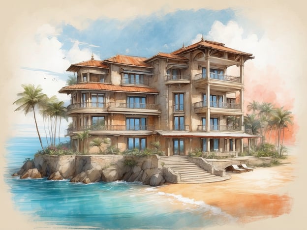 Auf dem Bild ist eine stilisierte Darstellung eines Hotels zu sehen, das an einem Strand liegt. Es hat mehrere Stockwerke mit Balkonen und eine einladende Architektur, umgeben von Palmen und einer schönen Küstenlandschaft.
Das NH Hotels Collection San Sebastián Aranzazu hat eine interessante Geschichte. Es wurde in den 1960er Jahren eröffnet und setzt auf eine Kombination aus modernem Komfort und traditioneller baskischer Gastfreundschaft. Das Hotel zeichnet sich durch seine einzigartige Lage in der Nähe des Strandes und der beeindruckenden Küstenlinie aus. Es verbindet Eleganz mit einem zeitgenössischen Design und spiegelt die Kultur und das Erbe von San Sebastián wider, was es zu einem beliebten Ziel für Reisende macht.