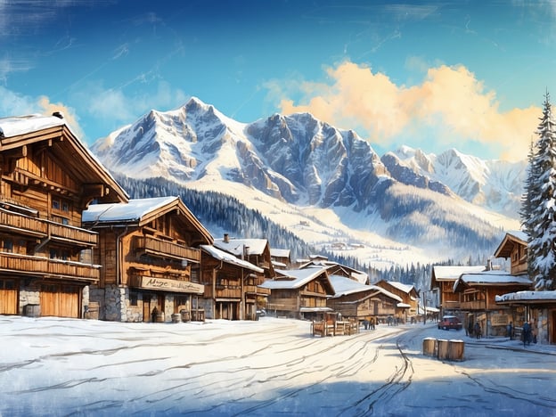 Auf dem Bild ist eine malerische winterliche Landschaft zu sehen, die an ein traditionelles Dorf in den Alpen erinnert, möglicherweise inspiriert von Morzine. Es zeigt holzverkleidete Chalets, die in einer schneebedeckten Umgebung stehen, mit majestätischen Bergen im Hintergrund.Die Geschichte von Morzine reicht bis ins 12. Jahrhundert zurück, als es als kleines Landdorf gegründet wurde. Im Laufe der Jahrhunderte entwickelte es sich zu einem beliebten Ziel für Wintersportler und Wanderer. Die Region ist bekannt für ihre atemberaubenden Landschaften und die typischen Alpenhäuser, die sowohl Tradition als auch Gastfreundschaft verkörpern. Morzine ist ein Teil des umfassenden Portes du Soleil Skigebiets und zieht Besucher aus der ganzen Welt an, die die Schönheit der Alpen erleben möchten.
