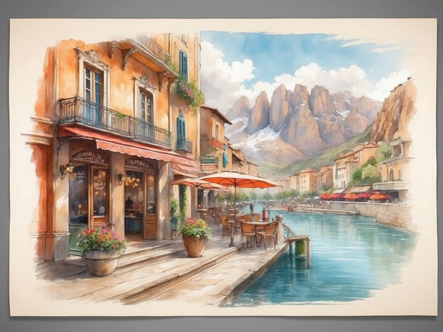 Auf dem Bild ist eine malerische Szene mit einem charmanten Café an einem Gewässer zu sehen, umgeben von wunderschönen Bergen. Dies erinnert an Orte wie den Gardasee in Italien, wo man solche Cafés oft findet.
In der Umgebung kann man wundervolle Aktivitäten genießen, wie Bootfahren auf dem See, Wandern in den nahegelegenen Bergen oder die Erkundung malerischer Städte wie Malcesine oder Riva del Garda. Die Region bietet auch kulinarische Erlebnisse, darunter lokale Spezialitäten wie Risotto oder frische Fischgerichte aus dem See.