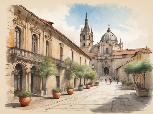 Auf dem Bild ist eine malerische Straße zu sehen, die von historischen Gebäuden gesäumt ist. Die Architektur wirkt beeindruckend und spiegelt den Charme von Santiago de Compostela wider. Im Hintergrund ist eine prächtige Kathedrale zu erkennen, die mit ihren Türmen und der charakteristischen Kuppel dominiert.
Die Umgebung strahlt eine Atmosphäre der Entspannung und Erholung aus, ideal für einen Spaziergang. Die gelungenen Pflanzarrangements in Töpfen verleihen dem Ort einen zusätzlichen Hauch von Natur und Ruhe. Santiago de Compostela ist bekannt für seine kulturellen Schätze und lädt zum Verweilen und Genießen ein, perfekt für Reisende, die sowohl Erholung als auch kulturelle Eindrücke suchen.