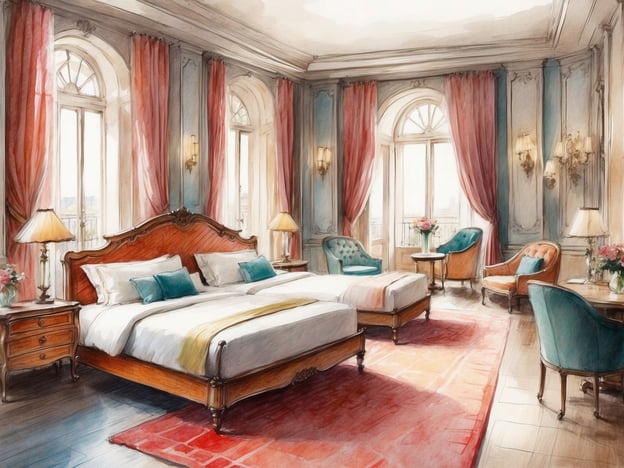 Auf dem Bild ist ein elegantes Hotelzimmer zu sehen. Es gibt zwei große Betten mit weißen Bettdecken und bunten Kissen. Das Zimmer ist gemütlich und hell, mit großen Fenstern, die viel Tageslicht hereinlassen. An den Fenstern hängen dekorative Vorhänge in einem warmen Farbton.
Es sind zwei Nachttische mit Lampen neben den Betten sowie ein schöner Teppich auf dem Boden. In der Raummitte befinden sich zwei stylishe Sessel und ein kleiner Tisch. Auf einem Tisch steht eine Vase mit Blumen, was dem Zimmer eine frische und einladende Atmosphäre verleiht. Die Wände sind geschmackvoll gestaltet und tragen zur luxuriösen Ausstrahlung des Zimmers bei.
