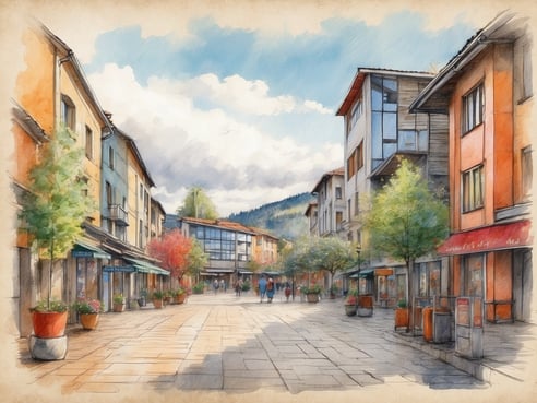 Eine malerische Straße mit modernen und traditionellen Gebäuden, gesäumt von Bäumen und blühenden Pflanzen in Töpfen. Es sind kleine Geschäfte mit Schildern zu sehen und einige Passanten, die die Straße entlanggehen. Im Hintergrund sind sanfte Hügel sichtbar, während der Himmel teilweise bewölkt ist, was der Szene eine ruhige und einladende Atmosphäre verleiht.