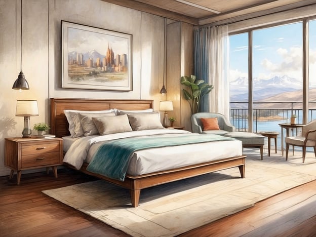 Auf dem Bild ist ein helles und einladendes Schlafzimmer zu sehen. Es gibt ein großes Bett mit bequemen Kissen und einer Tagesdecke in sanften Farben. Neben dem Bett steht ein Nachttisch mit einer Lampe und einer kleinen Pflanze.
Die Wand ist mit einem Kunstwerk geschmückt, das eine städtische Landschaft zeigt. Große Fenster bieten einen atemberaubenden Blick auf die Berge und einen See draußen. Im Raum befinden sich auch ein gemütlicher Sessel und ein kleiner Tisch, ideal für entspannte Momente. Insgesamt strahlt der Raum eine entspannte und moderne Atmosphäre aus und bietet viele Annehmlichkeiten für Komfort und Erholung.