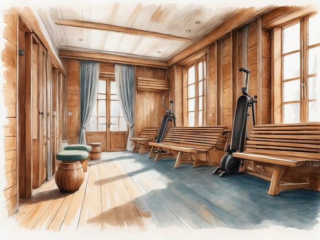 Auf dem Bild ist ein Raum zu sehen, der offensichtlich Teil eines Hotels oder Wellnessbereichs ist. Der Raum hat eine helle und freundliche Atmosphäre, dank der großen Fenster, die viel Licht hereinlassen.
Die Wände und Möbel bestehen aus Holz, was eine gemütliche und natürliche Umgebung schafft. Es gibt mehrere Holzbänke, auf denen Gäste sitzen können, sowie ein paar runde Hocker. An der Wand sind Fitnessgeräte aufgestellt, die darauf hindeuten, dass dieser Raum auch für sportliche Aktivitäten oder Entspannung genutzt werden kann.
Die großen Fenster mit Vorhängen bieten einen schönen Blick nach draußen und erhöhen den Komfort des Raumes. Insgesamt vermittelt der Raum den Eindruck eines einladenden Bereichs, der zum Entspannen oder Trainieren einlädt.