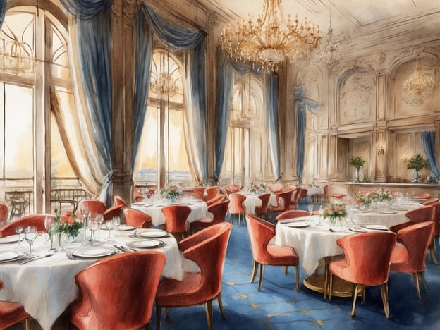 Auf dem Bild ist ein elegantes Restaurant zu sehen, das einer gehobenen Gastronomie entspricht. Die Tische sind festlich mit weißen Tischdecken, Geschirr und Gläsern gedeckt. Rote Stühle verleihen dem Raum eine luxuriöse Note, während große Fenster viel Tageslicht hereinlassen und eine schöne Aussicht bieten. Die Wände sind kunstvoll gestaltet, und prächtige Kronleuchter hängen von der Decke, was auf eine raffinierte Atmosphäre hinweist. Dies könnte die Gastronomie im NH Hotel Collection Torino Santo Stefano widerspiegeln, wo hochwertige Küche und stilvolles Ambiente im Vordergrund stehen.