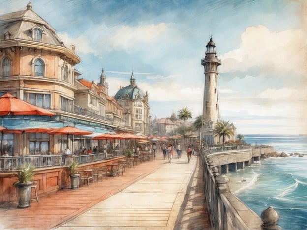 Auf dem Bild ist eine malerische Küstenpromenade zu sehen, die von eleganten Gebäuden gesäumt ist. Im Vordergrund befinden sich Restaurants mit roten Sonnenschirmen, und im Hintergrund steht ein Leuchtturm, der direkt am Wasser steht. Solch eine Szene könnte an beliebten Urlaubsorten wie beispielsweise in Nizza oder an der Côte d'Azur ähnlich sein. In der Nähe des Hotels könnten Sehenswürdigkeiten wie der Strand, der Promenade des Anglais oder auch historische Altstadtviertel liegen.