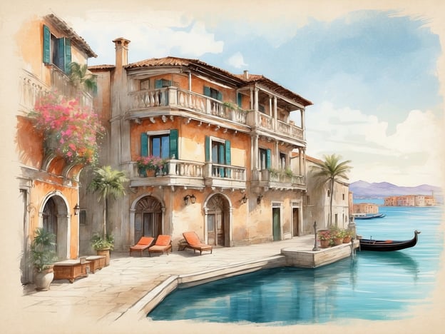 Auf dem Bild ist eine malerische venezianische Szene zu sehen, die an die Geschichte des NH Hotels Collection Venezia Murano Villa erinnert. Hier sehen wir eine charmante Architektur mit leuchtenden Farben und Blumen, die die Fassaden schmücken. Direkt am Wasser gibt es eine elegante Hafenpromenade, die zum Relaxen einlädt. Die angelehnte Gondel und das ruhige Wasser stellen die ruhige Atmosphäre Murano's dar, bekannt für seine Glasbläserei und die Schönheit der venezianischen Lagune. Diese Szenerie vermittelt das Gefühl von Luxus und Entspannung, das Gäste im NH Hotels Collection Venezia erleben können.