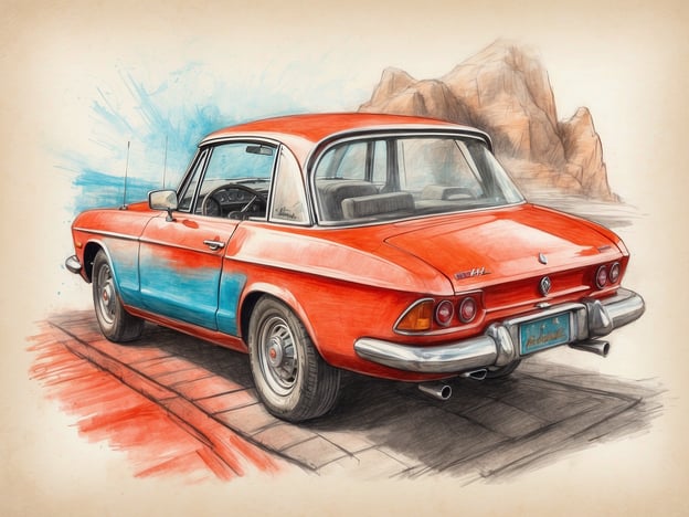 Auf dem Bild ist ein rotes Auto zu sehen, das in einer künstlerischen Darstellung skizziert wurde. Es hat eine auffällige Form und ist auf einer gepflasterten Straße abgebildet, mit einer dramatischen Kulisse im Hintergrund, die möglicherweise Felsen oder Berge zeigt.
Erkunde die Sehenswürdigkeiten und Aktivitäten in der Umgebung: In solch einer Umgebung könnte man beispielsweise malerische Küstenstraßen entdecken, schöne Ausblicke von Aussichtspunkten genießen oder interessante Wanderungen unternehmen. Zudem gibt es möglicherweise historische Stätten oder Museen, die einen Einblick in die lokale Kultur und Geschichte bieten. Schließlich wäre es auch möglich, die Umgebung mit dem Auto zu erkunden, um versteckte Plätze und atemberaubende Landschaften zu finden.