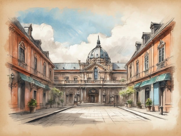 Auf dem Bild ist eine künstlerische Darstellung eines eleganten Innenhofs zu sehen, der von Gebäuden mit klassischer Architektur umgeben ist. In der Mitte dominiert eine beeindruckende Kuppel. Diese Szenerie hat einen charmanten, historischen Charakter.
In Bezug auf die Lage des NH Hotels Collection in Wien: Das Hotel befindet sich im ersten Bezirk, in der Nähe zahlreicher berühmter Sehenswürdigkeiten, wie dem Stephansdom und dem Kunsthistorischen Museum. Wenn man sich dort aufhält, kann man leicht die prächtigen historischen Gebäude der Stadt erkunden, die eine ähnliche Atmosphäre wie auf dem gezeigten Bild ausstrahlen.