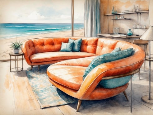Ein stilvoll eingerichteter Wohnbereich im NYX Hotel Tel Aviv mit einem großen, modernen, orangenen Sofa, das mit Kissen in Blau und Türkis dekoriert ist. Im Hintergrund ist eine große Fensterfront zu sehen, die einen Ausblick auf den Strand und das Meer bietet. Neben dem Sofa steht ein kleiner Tisch mit einer Pflanze und an der Wand befindet sich ein schicker Regalbereich mit dekorativen Objekten. Der Boden ist aus hellem Holz und der Raum strahlt eine gemütliche und einladende Atmosphäre aus.