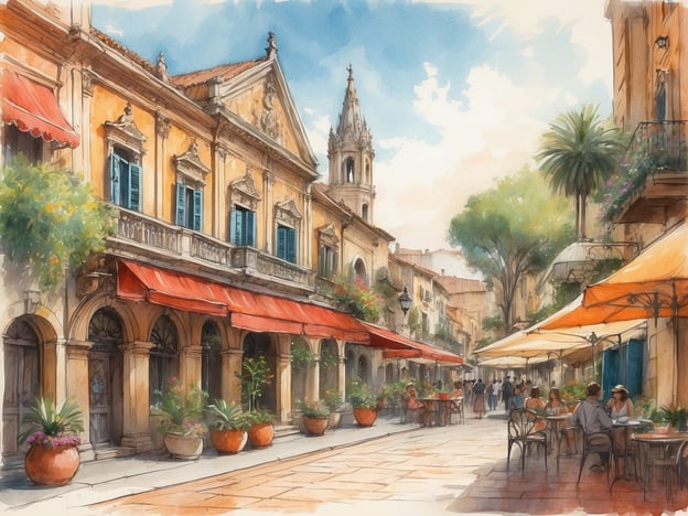 Auf dem Bild sind malerische, belebte Gassen mit historischen Gebäuden zu sehen, darunter Cafés mit Sonnenschirmen und blühenden Pflanzen. Diese Szenerie könnte sich in einer Stadt wie Valletta in Malta oder in einer charmanten Stadt in Südeuropa befinden. In der Nähe könnten Sehenswürdigkeiten wie die St. John's Co-Kathedrale oder der Großmeisterpalast zu finden sein. Solche Orte laden dazu ein, die Architektur zu bewundern und die mediterrane Atmosphäre zu genießen.