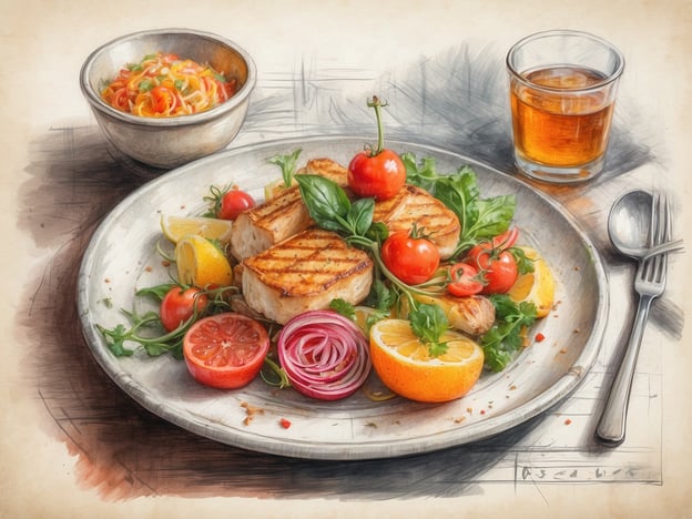 Auf dem Bild ist ein ansprechend angerichtetes Gericht zu sehen. Es besteht aus gegrilltem Fisch, begleitet von frischen Tomaten, Salat, Zitrusfrüchten und aromatischen Zwiebeln. Dazu gibt es eine Schüssel mit bunten, asiatischen Nudeln und ein Glas, das möglicherweise ein erfrischendes Getränk enthält.
In einem Hotel könnte ein solches Gericht lokale kulinarische Highlights repräsentieren, die mit frischen Zutaten aus der Region zubereitet werden. Beispielsweise könnte der Fisch aus lokaler Fischerei stammen, und die Zitrusfrüchte könnten von nahegelegenen Plantagen kommen.
Darüber hinaus könnte das Hotel auch gastronomische Angebote in der Umgebung empfehlen, wie Märkte mit frischen Produkten oder Restaurants, die regionale Spezialitäten servieren, um den Gästen ein ganzheitliches kulinarisches Erlebnis zu bieten.
