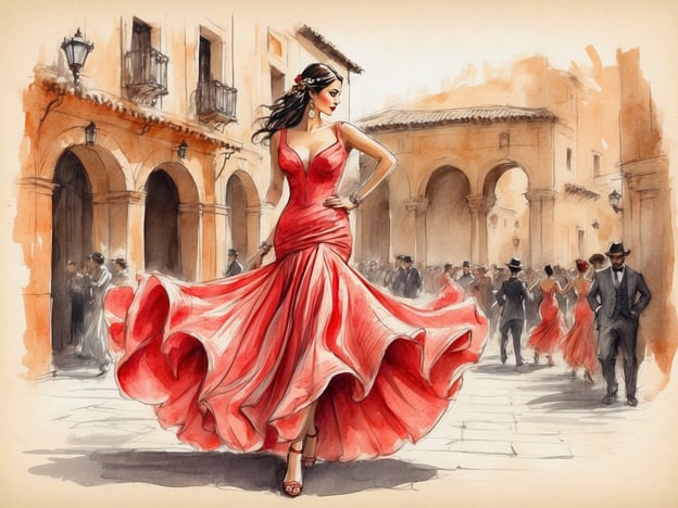 Auf dem Bild ist eine Frau in einem schwingenden roten Kleid zu sehen, die in einer historischen Stadtlandschaft tanzt. Diese Szene könnte gut in Córdoba stattfinden, wo man an verschiedenen Aktivitäten und Freizeitmöglichkeiten teilnehmen kann.
In Córdoba könnte man beispielsweise Flamenco-Tanzkurse besuchen, da Flamenco ein bedeutender Teil der andalusischen Kultur ist. Auch Ausflüge zu historischen Sehenswürdigkeiten wie der Mezquita oder den römischen Ruinen sind sehr beliebt. Außerdem kann man in den alten Gassen der Stadt spazieren gehen und die lokale Gastronomie in Tapas-Bars genießen. Festivals und lokale Märkte bieten ebenfalls reichlich Gelegenheit, die reiche Kultur und Traditionen der Stadt zu erleben.