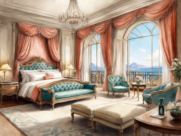 Auf dem Bild ist ein luxuriöses Hotelzimmer zu sehen. Die Einrichtung umfasst ein großes, elegantes Bett mit einem kunstvollen Kopfteil, das von weich fallenden Vorhängen umrahmt ist. Es gibt stilvolle Möbel, darunter ein Sofa und Sessel in sanften Farben, die zum Entspannen einladen.
Das Zimmer hat große Fenster mit Blick auf eine malerische Landschaft, was einen herrlichen Ausblick ermöglicht.
Die Einrichtungen könnten zusätzliche Services wie Zimmerservice, Concierge und eine Minibar umfassen. Außerdem gibt es möglicherweise Annehmlichkeiten wie WLAN, einen Fernseher und einen Schreibtisch für geschäftliche Zwecke. Ein solcher Raum bietet eine komfortable und stilvolle Umgebung für Gäste, die Luxus und Entspannung suchen.