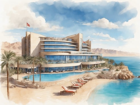 Das Bild zeigt das Herods Vitalis Eilat Hotel, ein modernes und elegantes Hotel direkt am Wasser. Das Gebäude hat eine ansprechende Architektur mit großen Fensterfronten und mehreren Etagen. Vor dem Hotel lädt ein großer Pool mit Liegestühlen zum Entspannen ein. Palmen umgeben den Poolbereich und die nahegelegene Strandpromenade. Im Hintergrund sind die sanften Konturen von Bergen und ein klarer blauer Himmel zu sehen, was eine maritime und entspannende Atmosphäre schafft.
