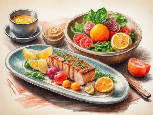 Auf dem Bild ist ein ansprechend angerichtetes gastronomisches Erlebnis zu sehen, das typischerweise in einem Hotel serviert werden könnte. Im Vordergrund befindet sich ein gegrilltes Stück Lachs, das mit frischen Kräutern garniert und von verschiedenen Zitrusfrüchten begleitet wird. Dazu sind einige bunte Früchte arrangiert, die dem Gericht zusätzliche Frische und Farbe verleihen.
Im Hintergrund sieht man eine Schüssel mit einem Salat, der aus verschiedenen frischen Zutaten wie Blattsalat, kleinen Tomaten und anderen Gemüsesorten besteht. Daneben steht eine Tasse mit einer cremigen Suppe, die als Vorspeise dienen könnte. Overall vermittelt das Bild ein Gefühl von Genuss und kulinarischer Raffinesse, das Gäste in Hotels erwarten würden.