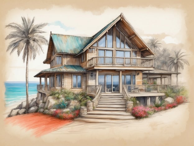 Auf dem Bild ist ein malerisches Strandhaus zu sehen. Es hat ein modernes, rustikales Design mit großen Fenstern, die einen herrlichen Blick auf das Meer bieten. Die Umgebung ist tropisch gestaltet, mit Palmen und bunten Blumen.Mögliche Zimmeroptionen in einem solchen Haus könnten Folgendes umfassen:1. **Familienzimmer**: Geräumiges Zimmer mit mehreren Betten, ideal für Familienurlaube.2. **Doppelzimmer**: Ein romantisches Zimmer mit einem großen Doppelbett und Blick auf den Strand.3. **Suiten**: Luxuriöse Suiten mit Balkon, perfektem Meerblick und privaten Badezimmern.4. **Ferienwohnung**: Vollausgestattete Wohnung mit Küche und Wohnbereich für längere Aufenthalte.Ein Aufenthalt in dieser Unterkunft bietet eine perfekte Kombination aus Komfort und Naturerlebnis.