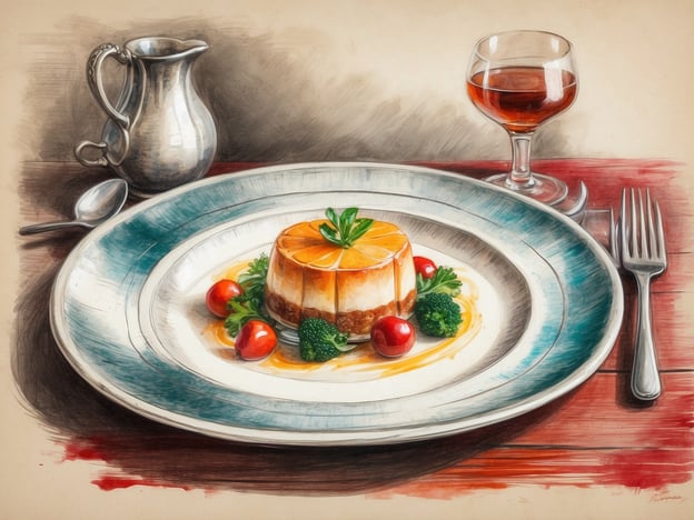 Auf dem Bild ist ein kunstvoll angerichteter Teller zu sehen, der ein Gourmetgericht präsentiert. Im Mittelpunkt steht eine appetitlich aussehende Speise, möglicherweise ein Dessert oder ein herzhaftes Gericht, das mit einer schimmernden Glasur versehen ist. Um das Hauptgericht herum sind frische Zutaten wie kleine Tomaten und Brokkoli angeordnet, die dem Teller Farbe und Frische verleihen.Neben dem Teller befindet sich ein elegantes Glas, das einen feinen Likör oder Wein enthält, und eine stilvolle Kanne, die vermutlich für die servierte Flüssigkeit gedacht ist. Die gesamte Präsentation spiegelt hohe gastronomische Ansprüche wider und lädt zum Genießen und Schmecken ein. Die Farben und die Details zeigen die Sorgfalt, die in die Zubereitung und das Anrichten investiert wurde, und betonen die kulinarischen Erlebnisse, die in der Gastronomie geschätzt werden.