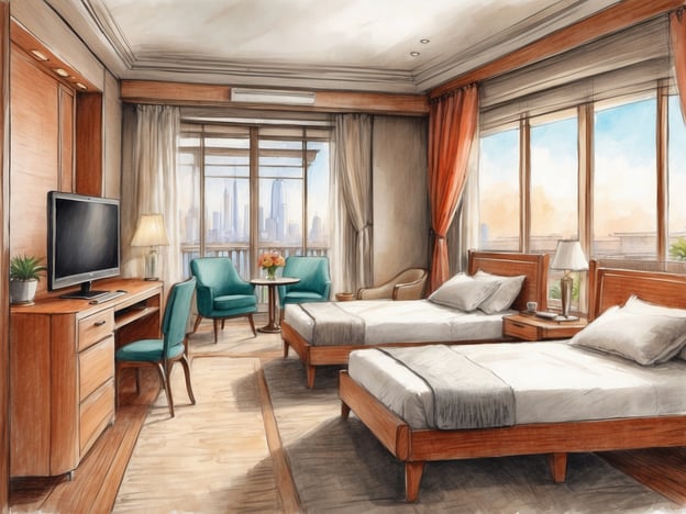 Auf dem Bild ist ein gemütliches Hotelzimmer zu sehen. Es ist modern und hell gestaltet, mit zwei Einzelbetten, einem Schreibtisch, einem Fernseher und einem kleinen Tisch mit Stühlen. große Fenster bieten einen Blick auf eine Stadtlandschaft.
In Bezug auf NH Hotels könnte man sagen, dass sie bekannt sind für ihre komfortablen und funktionalen Zimmer, die sowohl für Geschäftsreisende als auch für Urlauber geeignet sind. Viele ihrer Hotels bieten ähnliche helle und einladende Zimmer, die den Gästen eine angenehme Atmosphäre bieten. Zudem legen NH Hotels Wert auf eine Kombination aus modernem Design und Funktionalität.