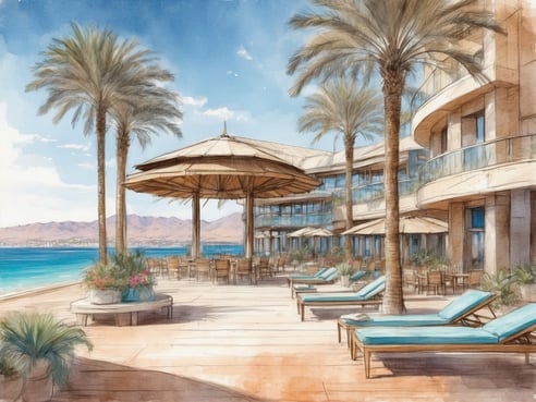 Ein malerischer Blick auf das Leonardo Royal Resort Eilat, das eine sonnige Terrasse mit Liegen und einem großen Sonnenschirm zeigt. Palmen rahmen den Bereich ein, während der Blick über das glitzernde Wasser des Meeres und die sanften Hügel im Hintergrund zu sehen ist. Gemütliche Sitzgelegenheiten sind für Gäste im Freien eingerichtet, um die ruhige Atmosphäre zu genießen.