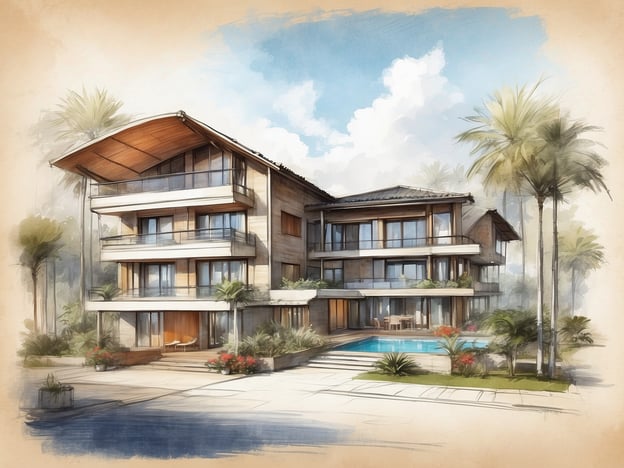 Auf dem Bild ist eine künstlerische Darstellung eines modernen Gebäudes zu sehen, das architektonisch ansprechend gestaltet ist. Es zeigt mehrere Stockwerke mit großen Fenstern und einem Pool im Vordergrund, umgeben von Palmen und grünen Pflanzen.
Bezüglich des NH Hotels Dresden Neustadt: Es handelt sich um ein modernes Hotel, das in der Neustadt von Dresden gelegen ist. Das Hotel bietet komfortable Zimmer, tagungsfähige Räume und Annehmlichkeiten wie ein Fitnesscenter sowie ein Restaurant. Die Lage ermöglicht einen einfachen Zugang zu vielen kulturellen Sehenswürdigkeiten der Stadt, und die Umgebung ist bekannt für ihre lebhafte Atmosphäre und zahlreiche Cafés sowie Restaurants.
