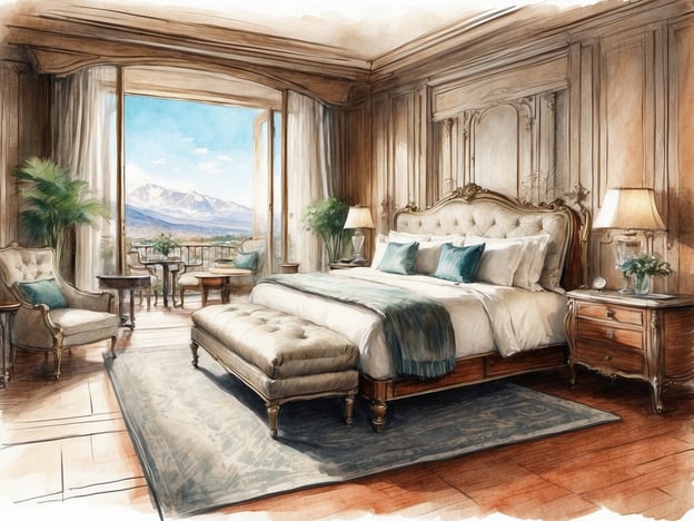 Auf dem Bild ist ein luxuriöses Schlafzimmer zu sehen. Es ist gemütlich und elegant eingerichtet, mit einem großen, bequemen Bett, das mit einer stilvollen Bettdecke und vielen Kissen ausgestattet ist. Neben dem Bett befinden sich Holzkommoden mit Nachttischlampen, die eine angenehme Beleuchtung bieten.
Das Schlafzimmer hat große Fenster, die einen herrlichen Ausblick auf die Berge und die natürliche Umgebung ermöglichen, wodurch viel Tageslicht hereinkommt. Es gibt auch bequeme Sitzgelegenheiten, wie einen großen Sessel und einen kleinen Tisch, die perfekt für entspannende Momente sind.
Zusätzlich sieht man einige Pflanzen, die frische Akzente setzen. Zu den Annehmlichkeiten gehören eine stilvolle Ruheliege und ein eleganter Teppich, der den Raum gemütlicher macht. Dieses entspannte Ambiente lädt zum Verweilen und Ausruhen ein.
