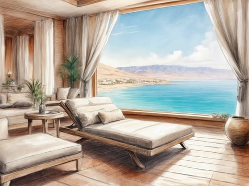 Ein elegantes Zimmer im Leonardo Club Dead Sea mit großen Fenstern, die einen atemberaubenden Blick auf das Tote Meer und die umliegenden Berge bieten. Der Raum ist hell und freundlich, mit bequemen Sitzmöbeln, darunter eine Liege und ein gemütlicher Tisch. Pflanzen und geschmackvolle Dekorationen schaffen eine entspannende Atmosphäre. Die sanfte Farbauswahl und das natürliche Licht tragen zur ruhigen Ausstrahlung des Raumes bei.