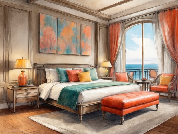 Auf dem Bild ist ein stilvolles Schlafzimmer zu sehen, das eine entspannende Atmosphäre bietet. Es ist hell und freundlich gestaltet, mit großen Fenstern, die einen Blick auf das Meer ermöglichen. Die Fenster sind mit eleganten Vorhängen dekoriert.
Die Einrichtung umfasst ein großes Bett mit farbigen Kissen, die einen modernen Akzent setzen. Der Raum verfügt über einen Nachttisch mit einer Tischlampe, die warmes Licht spendet, und einen bequemen Sitzbereich mit zwei Stühlen und einem kleinen Tisch. Ein eleganter Hocker in kräftiger Farbe fügt zusätzlich Komfort und Stil hinzu.
Insgesamt vermittelt das Zimmer ein Gefühl von Luxus und Gemütlichkeit, ideal für eine entspannende Urlaubszeit.
