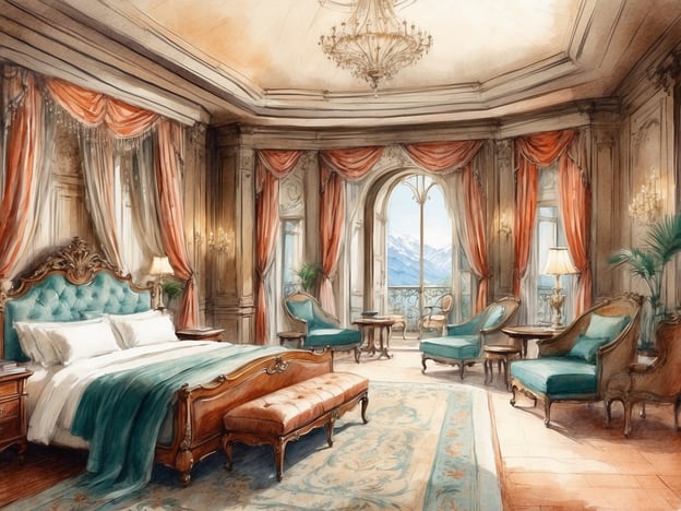 Auf dem Bild ist ein luxuriöses Hotelzimmer zu sehen. Es hat eine stilvolle Einrichtung mit einem großen, eleganten Bett, bequemen Sesseln und einem Tisch. Die Wände sind mit opulenten Vorhängen geschmückt, und es gibt eine beeindruckende Deckenleuchte. Durch große Fenster ist ein Ausblick auf eine bergige Landschaft erkennbar, was dem Raum eine helle und einladende Atmosphäre verleiht.
Wenn man einen Überblick über NH Hotels betrachtet, fallen ähnliche Merkmale auf: viele ihrer Zimmer sind modern und komfortabel eingerichtet, oft mit einem Fokus auf Funktionalität und Stil. NH Hotels legt Wert auf ein ansprechendes Ambiente und eine erstklassige Ausstattung, um Gästen eine angenehme Erfahrung während ihres Aufenthalts zu bieten.